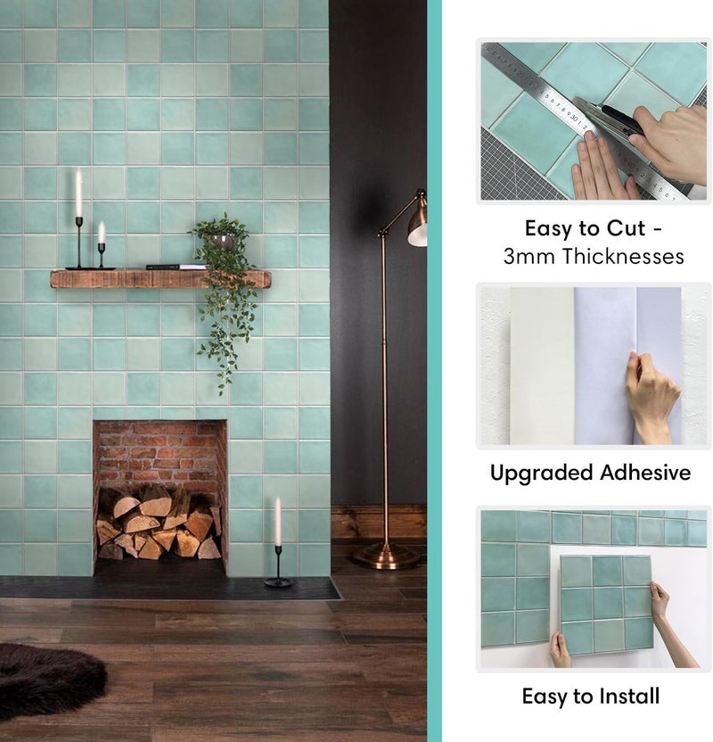 Commomy 10 Pcs Matte 3D Peel and Stick Tile 11.8"x11.8" Ultralight PVC Square Peel and Stick Backsplash for Kitchen Stick on Tiles for Bathroom,Living Room,Fireplace,Interior Wall Decor,Teal Green - Image 4